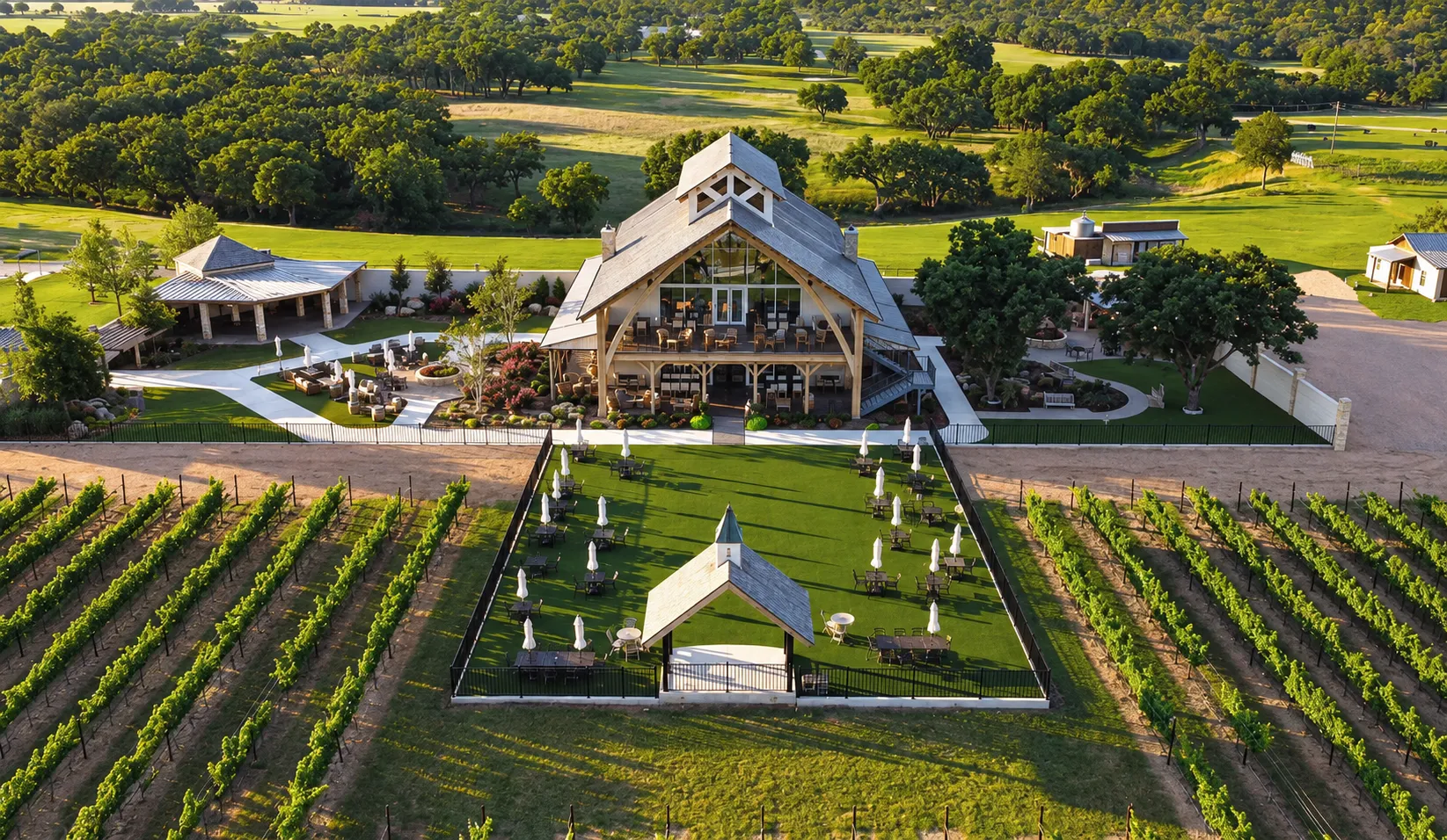 Aerial view of Augusta Vin near Fredericksburg at golden hour: the timber-framed tasting hall, a fenced lawn of umbrella tables and vineyard rows, the kind of estate reserved whole for a company event