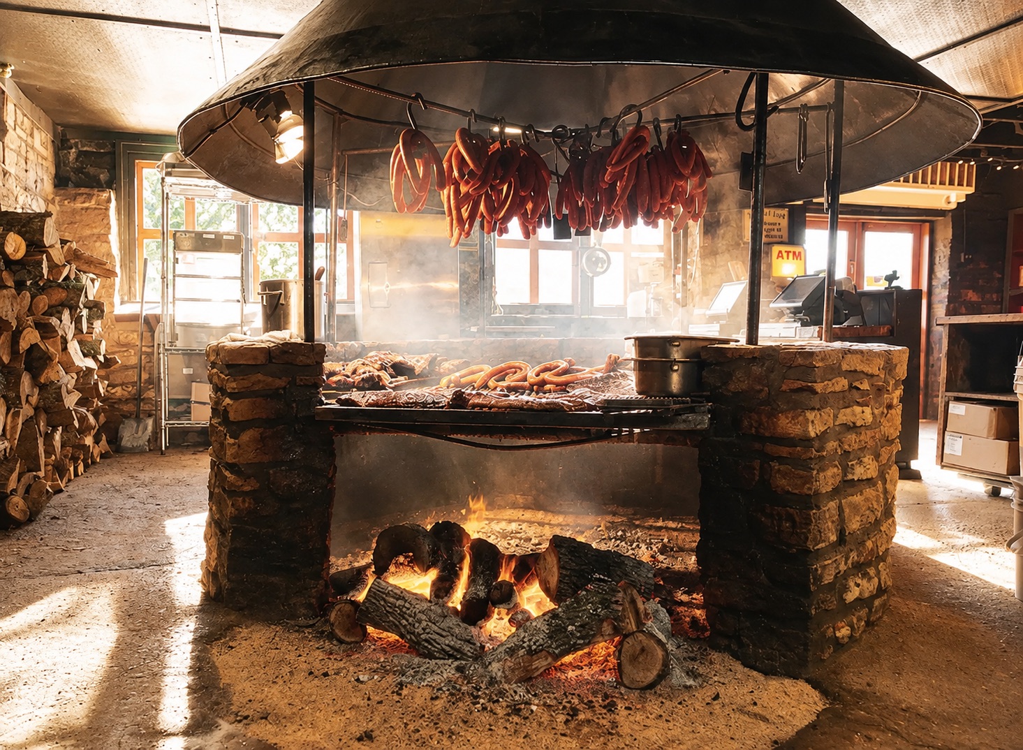 Sausage and brisket over the open pit at The Salt Lick BBQ on The Wine & Smoke tour