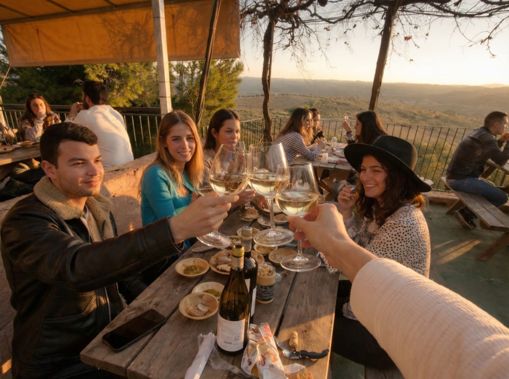 Colleagues raising glasses of white wine at a long table with the Hill Country behind them