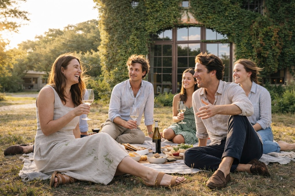 Friends on a picnic blanket with wine in front of ivy-covered building