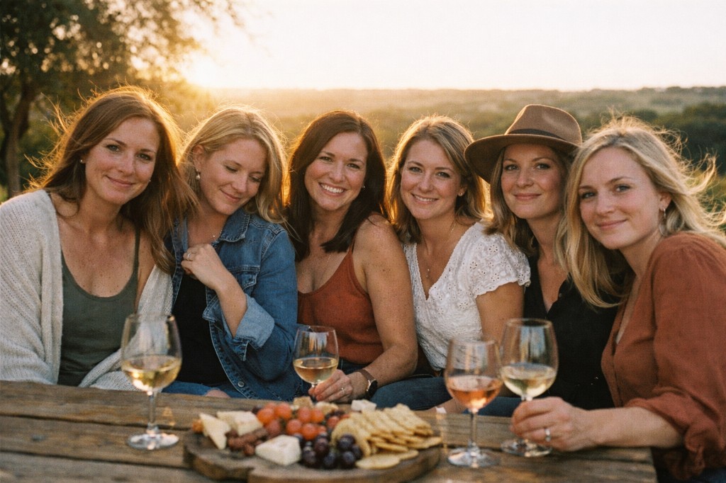 Six friends at a wooden table with wine and charcuterie