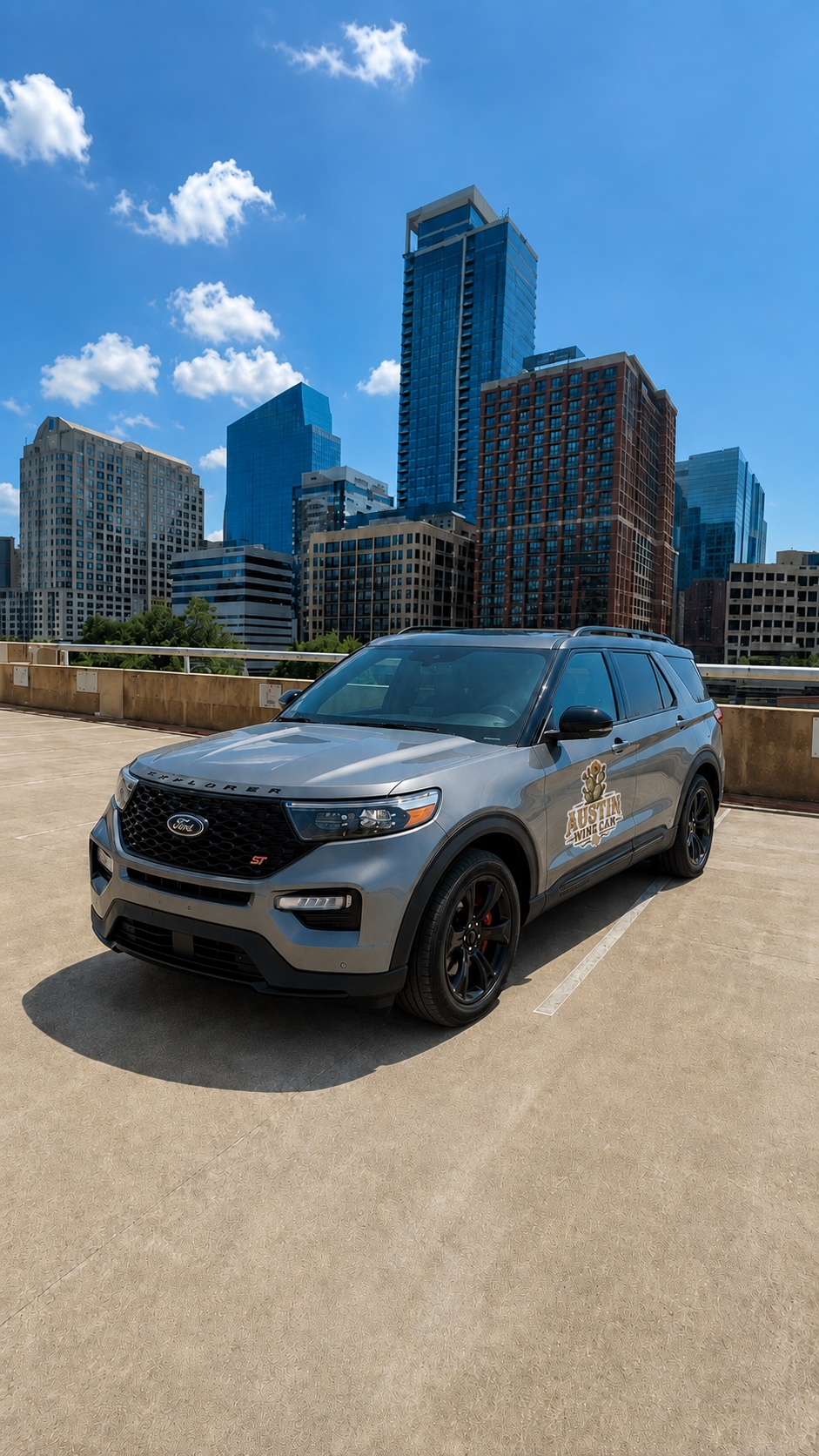 Ford Explorer ST with Austin Wine Car branding on an Austin rooftop, skyline behind