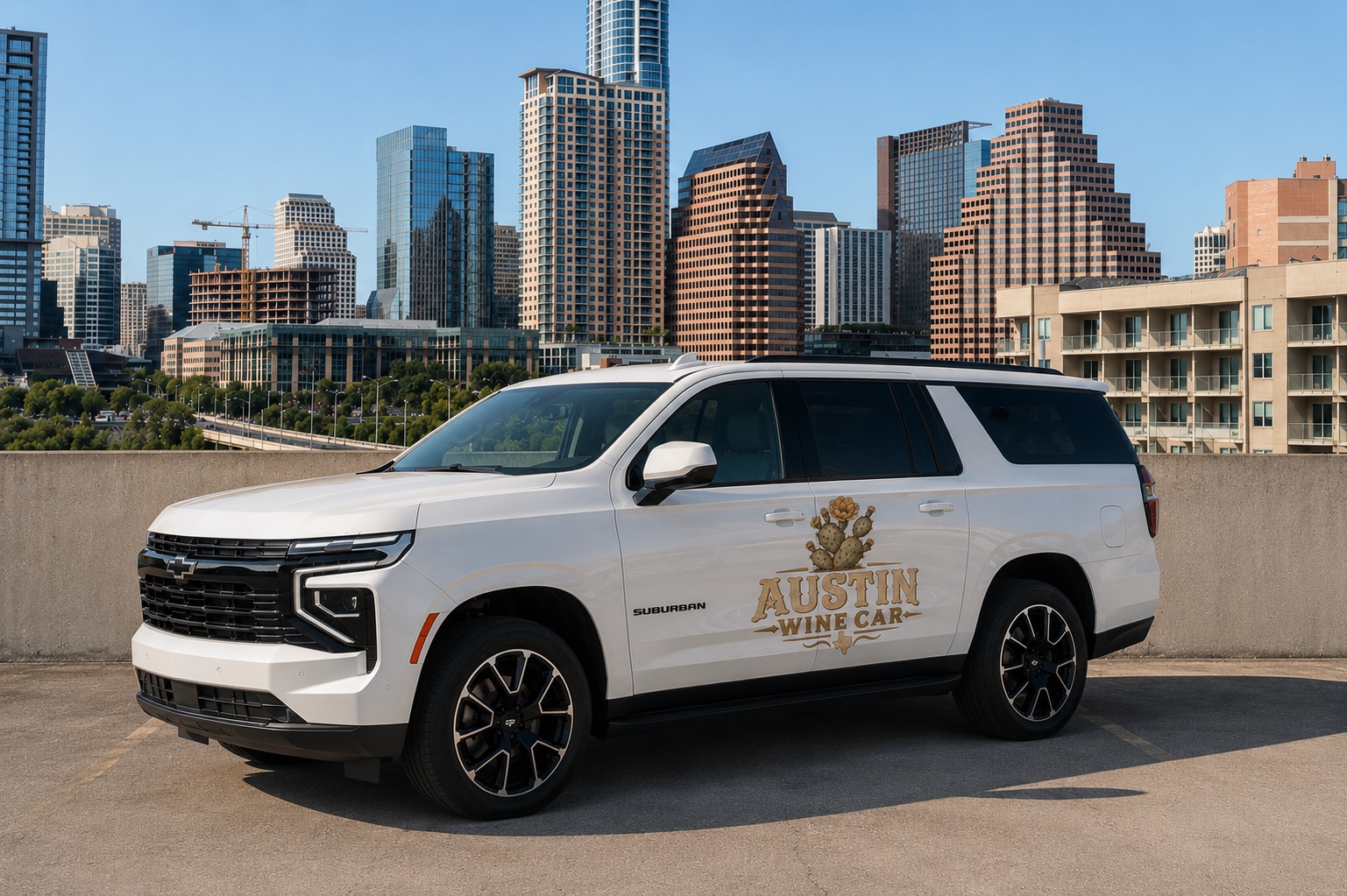Chevrolet Suburban with Austin Wine Car branding, downtown Austin skyline behind