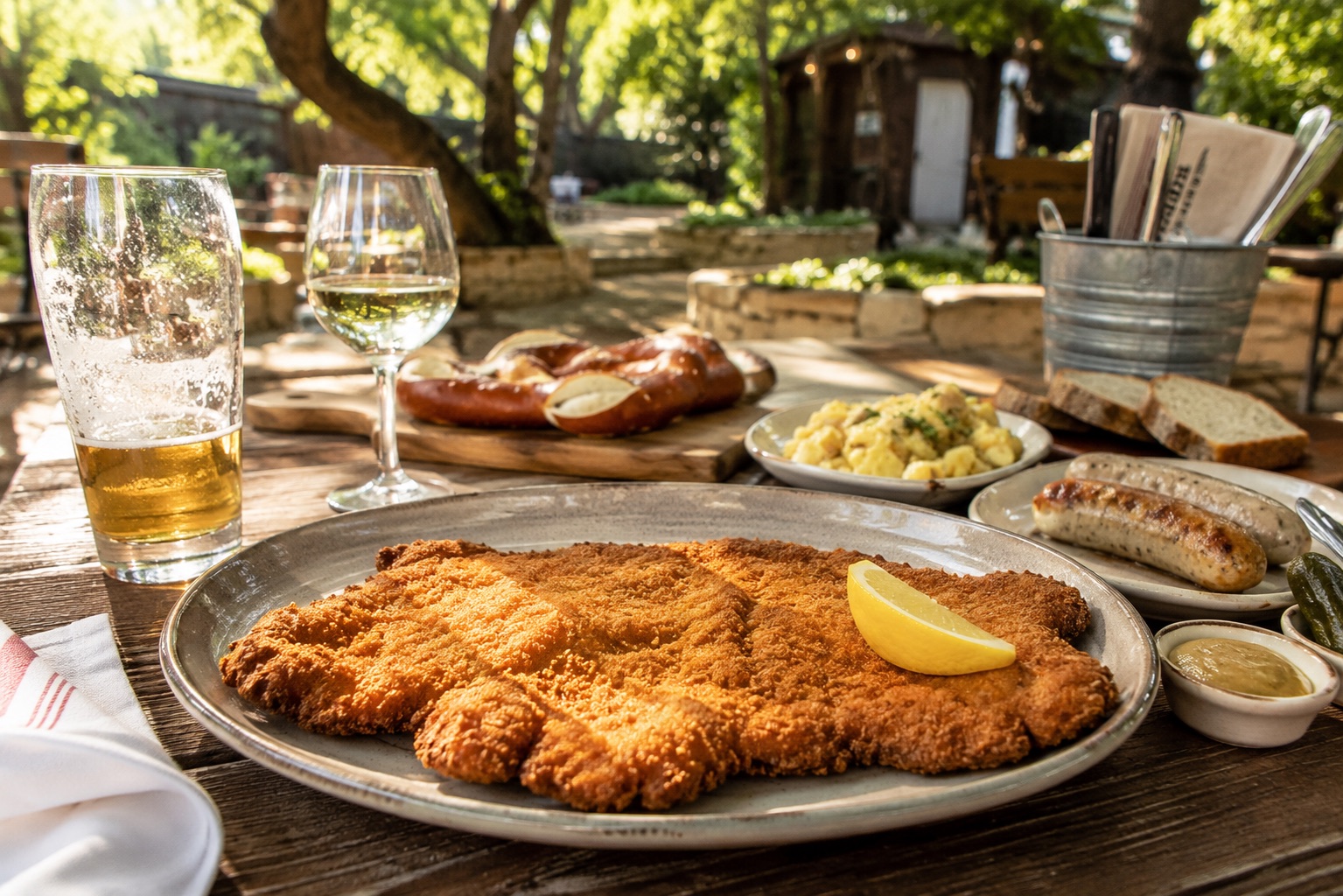Golden schnitzel with a cold beer in a Fredericksburg biergarten on The Wine & Biergarten tour
