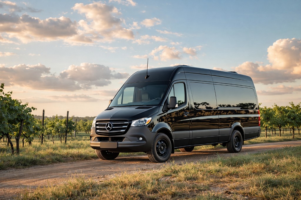 Private luxury Mercedes Sprinter exterior at a Texas Hill Country vineyard
