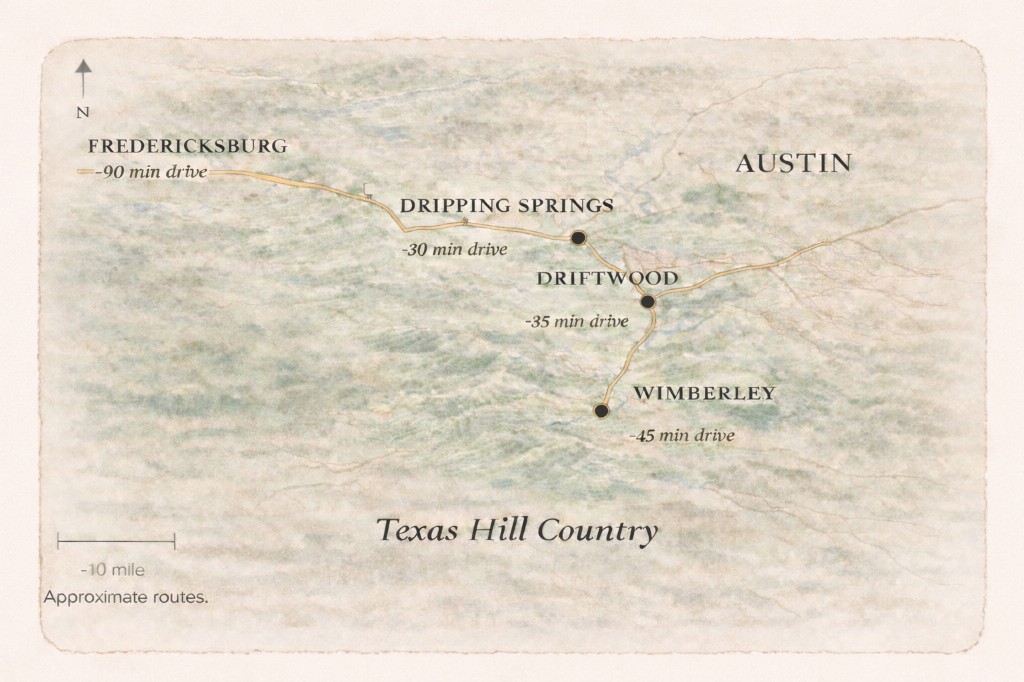 Texas Hill Country map highlighting Dripping Springs & Driftwood - ~35–45 min from Austin